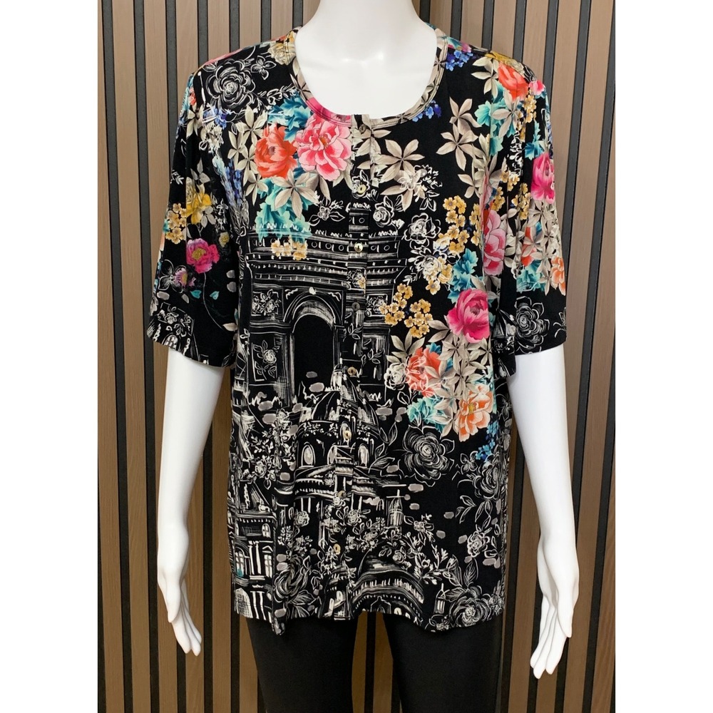 Johnny Was XL Floral Paris City Print Button Front Blouse Black Rayon Boho